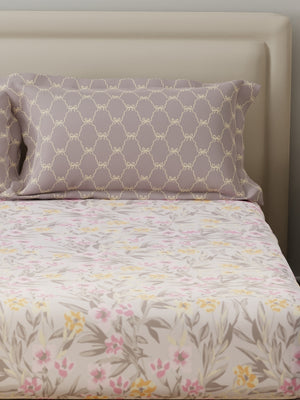 BasicX 100% Cotton 120 TC Purple & White Floral King Bedsheet with 2 Pillow Covers