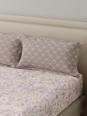 BasicX 100% Cotton 120 TC Purple & White Floral King Bedsheet with 2 Pillow Covers