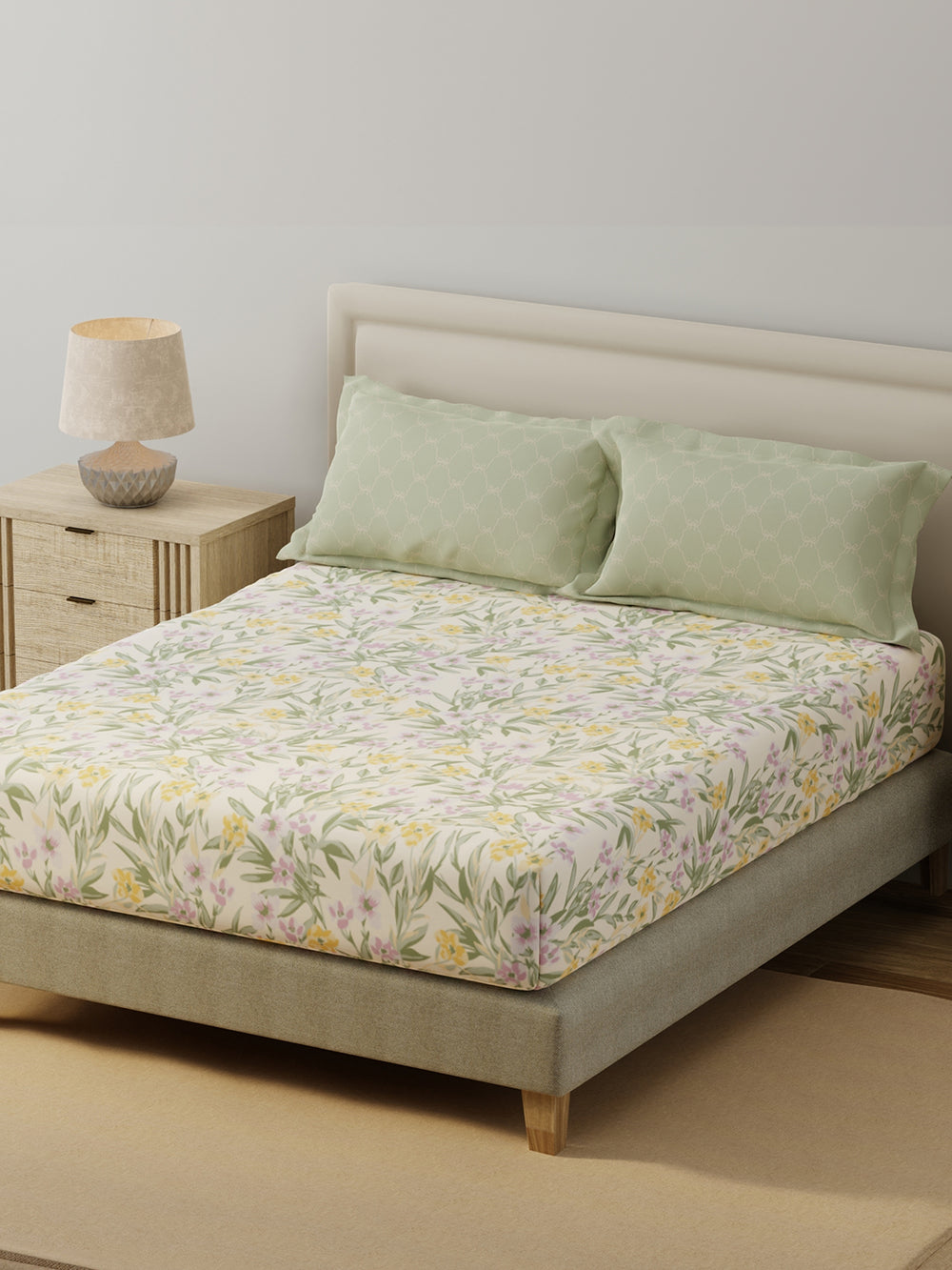 BasicX 100% Cotton 120 TC Green & White Floral King Bedsheet with 2 Pillow Covers