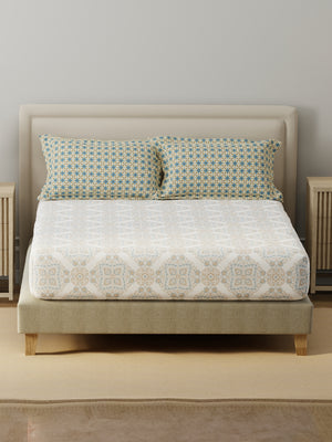 BasicX 100% Cotton 120 TC Blue & White Printed King Bedsheet with 2 Pillow Covers