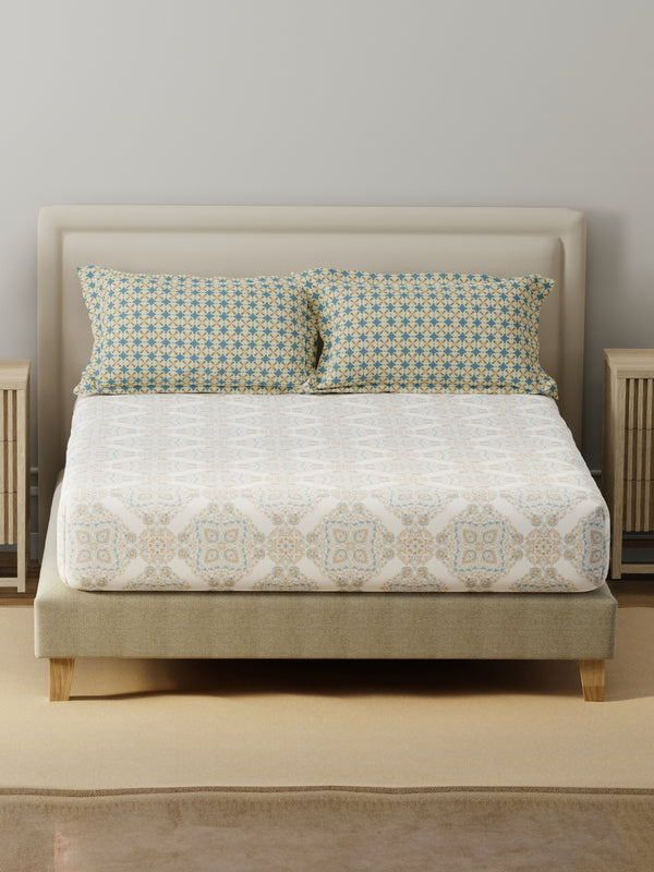 BasicX 100% Cotton 120 TC Blue & White Printed King Bedsheet with 2 Pillow Covers