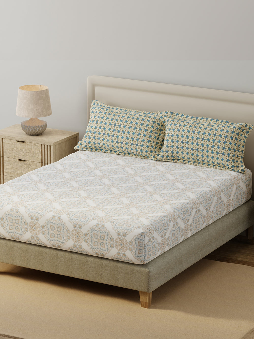 BasicX 100% Cotton 120 TC Blue & White Printed King Bedsheet with 2 Pillow Covers