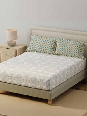BasicX 100% Cotton 120 TC Blue & White Printed King Bedsheet with 2 Pillow Covers