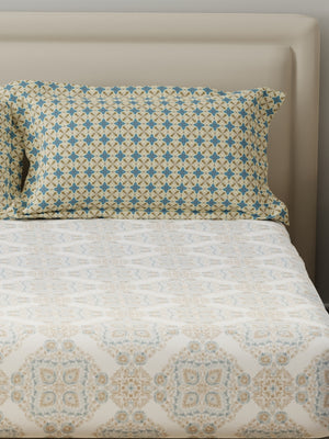 BasicX 100% Cotton 120 TC Blue & White Printed King Bedsheet with 2 Pillow Covers