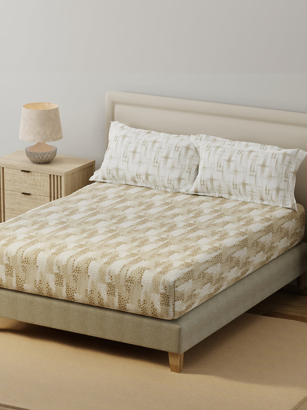 BasicX 100% Cotton 120 TC Cream Floral King Bedsheet with 2 Pillow Covers