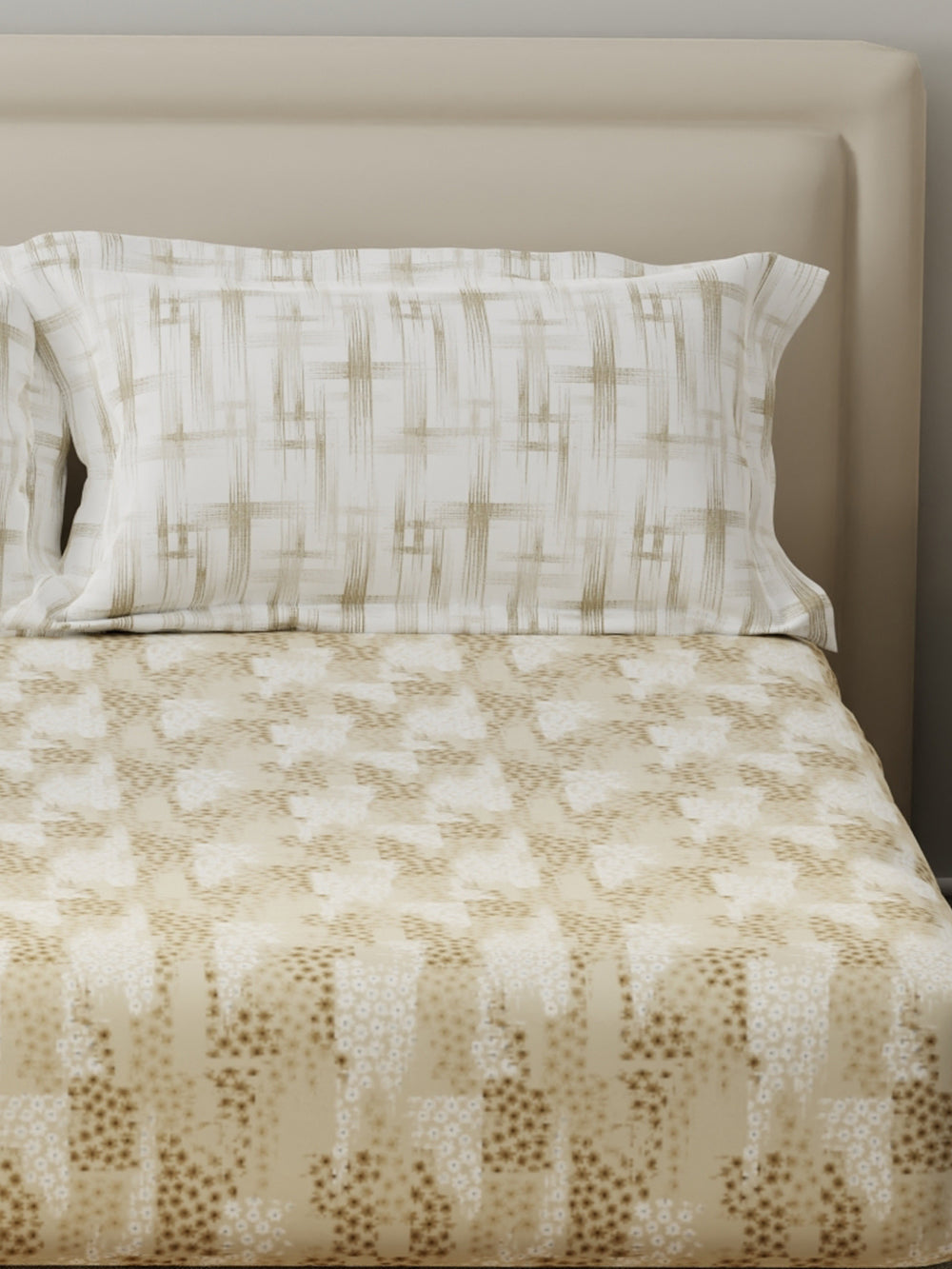 BasicX 100% Cotton 120 TC Cream Floral King Bedsheet with 2 Pillow Covers