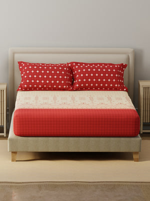 BasicX 100% Cotton 120 TC Red Printed King Bedsheet with 2 Pillow Covers