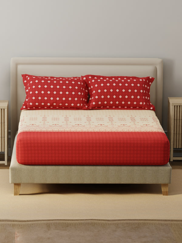 BasicX 100% Cotton 120 TC Red Printed King Bedsheet with 2 Pillow Covers