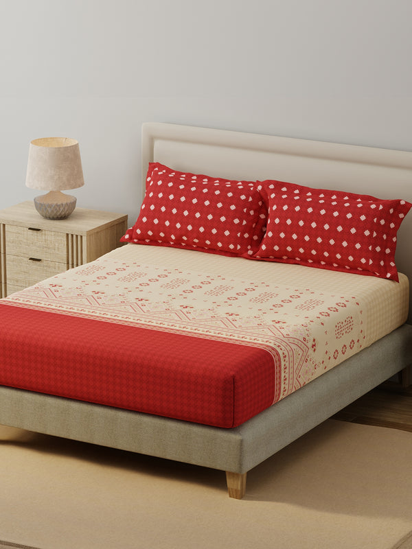 BasicX 100% Cotton 120 TC Red Printed King Bedsheet with 2 Pillow Covers