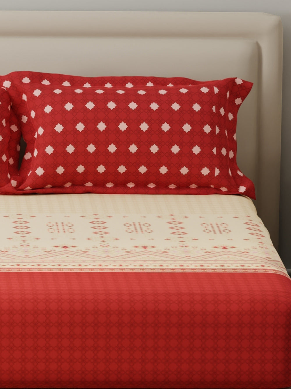 BasicX 100% Cotton 120 TC Red Printed King Bedsheet with 2 Pillow Covers