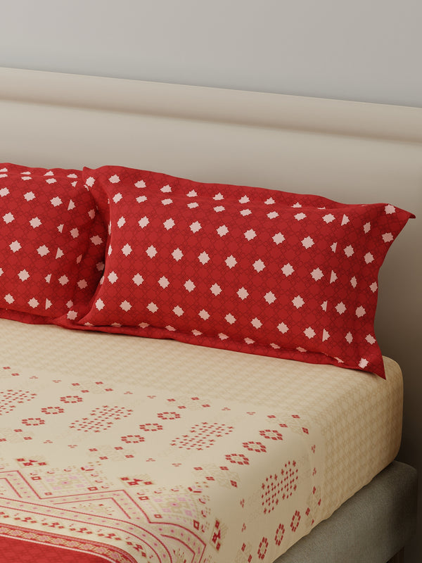 BasicX 100% Cotton 120 TC Red Printed King Bedsheet with 2 Pillow Covers