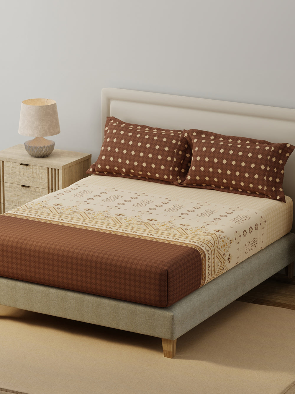 BasicX 100% Cotton 120 TC Brown Printed King Bedsheet with 2 Pillow Covers
