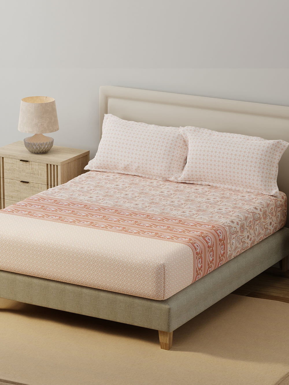 BasicX 100% Cotton 120 TC Peach Paisley Printed King Bedsheet with 2 Pillow Covers
