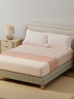 BasicX 100% Cotton 120 TC Peach Paisley Printed King Bedsheet with 2 Pillow Covers