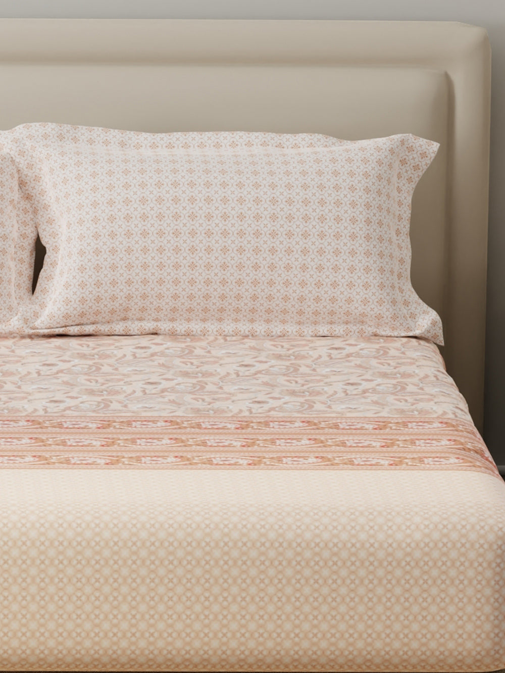 BasicX 100% Cotton 120 TC Peach Paisley Printed King Bedsheet with 2 Pillow Covers