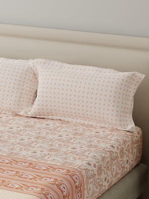 BasicX 100% Cotton 120 TC Peach Paisley Printed King Bedsheet with 2 Pillow Covers