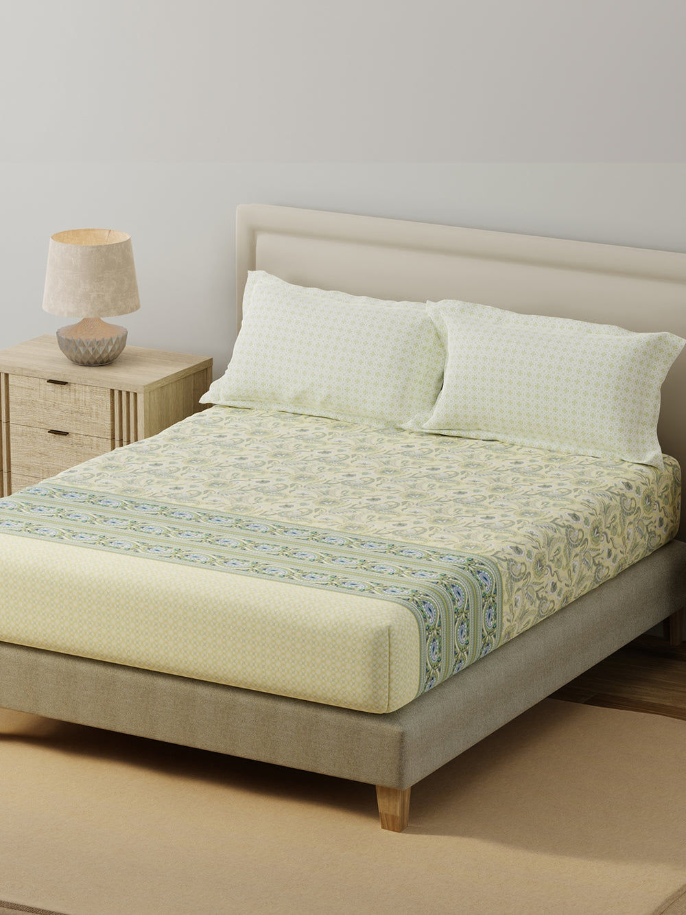 BasicX 100% Cotton 120 TC Yellow Paisley Printed King Bedsheet with 2 Pillow Covers