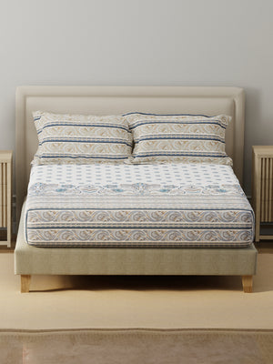BasicX 100% Cotton 120 TC Blue & White Floral King Bedsheet with 2 Pillow Covers