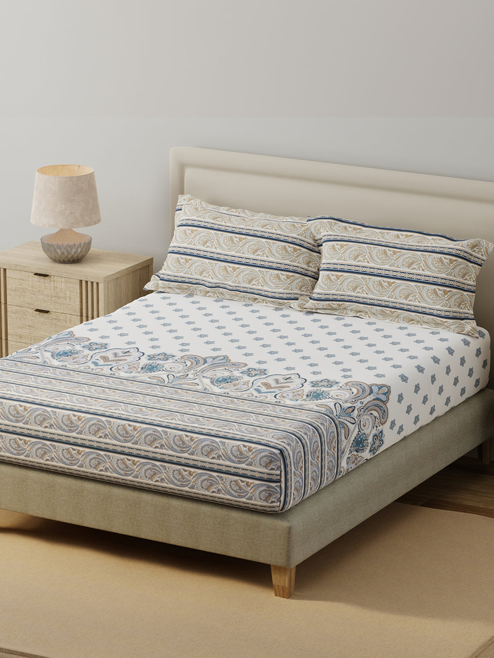 BasicX 100% Cotton 120 TC Blue & White Floral King Bedsheet with 2 Pillow Covers