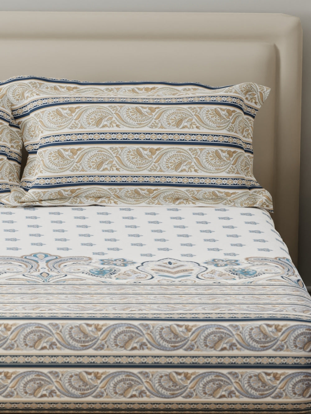 BasicX 100% Cotton 120 TC Blue & White Floral King Bedsheet with 2 Pillow Covers