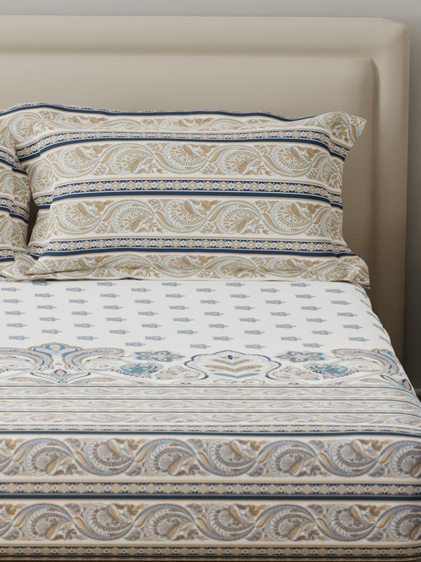 BasicX 100% Cotton 120 TC Blue & White Floral King Bedsheet with 2 Pillow Covers