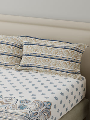 BasicX 100% Cotton 120 TC Blue & White Floral King Bedsheet with 2 Pillow Covers