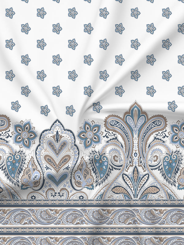 BasicX 100% Cotton 120 TC Blue & White Floral King Bedsheet with 2 Pillow Covers