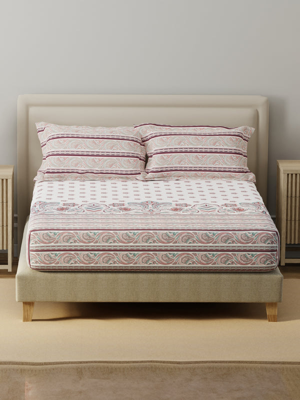 BasicX 100% Cotton 120 TC White & Pink Floral King Bedsheet with 2 Pillow Covers