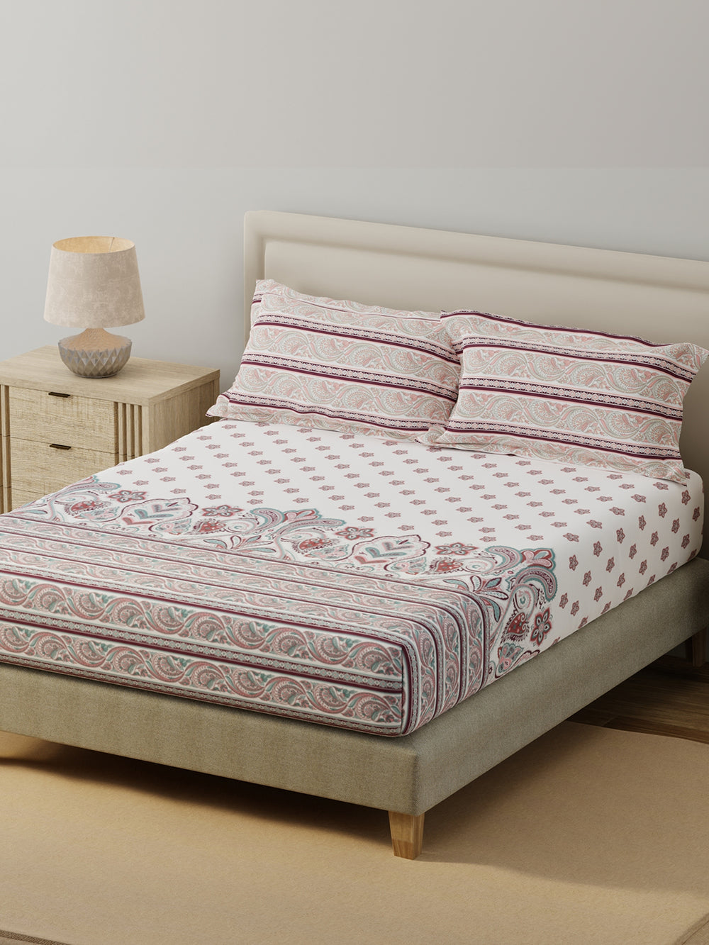 BasicX 100% Cotton 120 TC White & Pink Floral King Bedsheet with 2 Pillow Covers