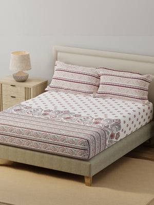 BasicX 100% Cotton 120 TC White & Pink Floral King Bedsheet with 2 Pillow Covers