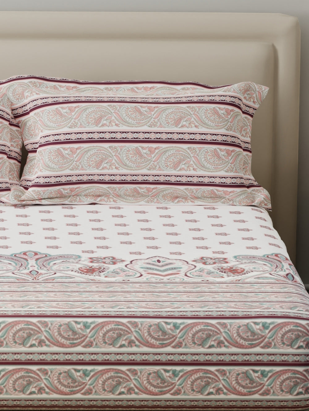 BasicX 100% Cotton 120 TC White & Pink Floral King Bedsheet with 2 Pillow Covers