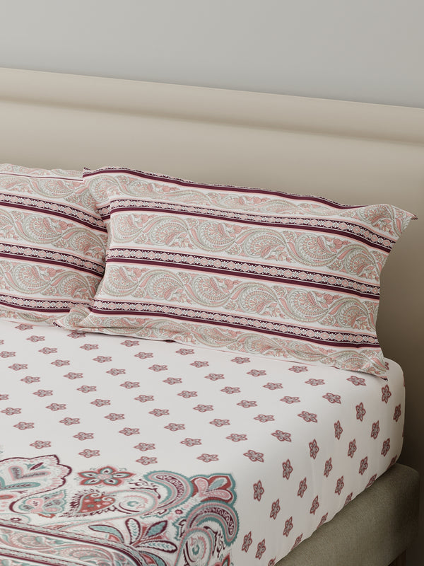 BasicX 100% Cotton 120 TC White & Pink Floral King Bedsheet with 2 Pillow Covers