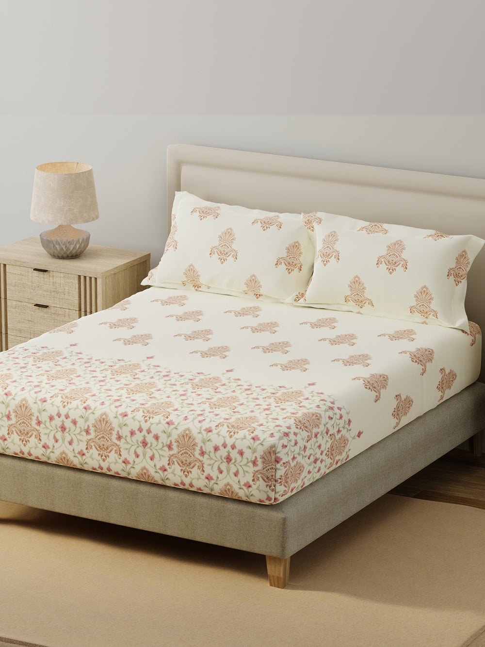 BasicX 100% Cotton 120 TC Pink & White Floral King Bedsheet with 2 Pillow Covers