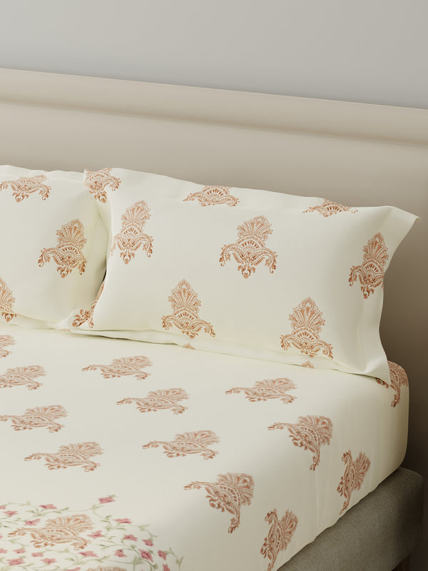 BasicX 100% Cotton 120 TC Pink & White Floral King Bedsheet with 2 Pillow Covers