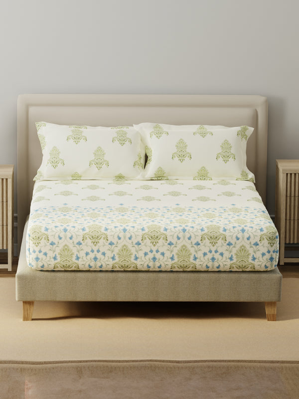 BasicX 100% Cotton 120 TC Blue & White Floral King Bedsheet with 2 Pillow Covers