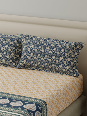 BasicX 100% Cotton 120 TC Blue & Yellow Floral King Bedsheet with 2 Pillow Covers