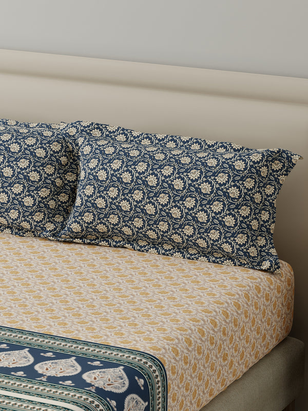 BasicX 100% Cotton 120 TC Blue & Yellow Floral King Bedsheet with 2 Pillow Covers