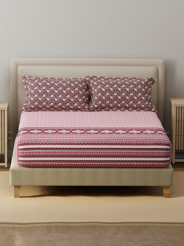 BasicX 100% Cotton 120 TC Pink Floral King Bedsheet with 2 Pillow Covers
