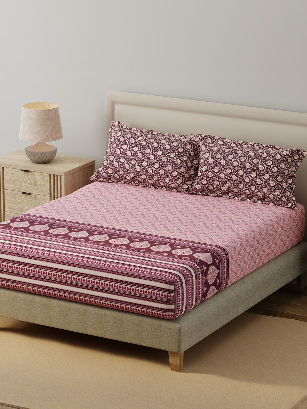 BasicX 100% Cotton 120 TC Pink Floral King Bedsheet with 2 Pillow Covers