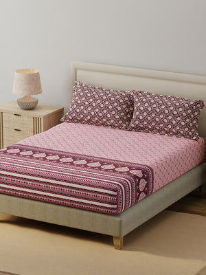 BasicX 100% Cotton 120 TC Pink Floral King Bedsheet with 2 Pillow Covers