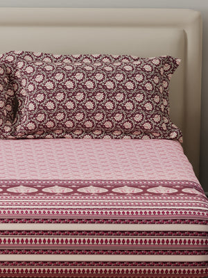 BasicX 100% Cotton 120 TC Pink Floral King Bedsheet with 2 Pillow Covers