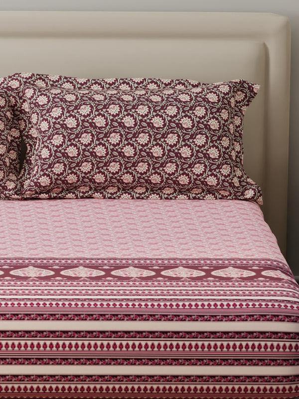 BasicX 100% Cotton 120 TC Pink Floral King Bedsheet with 2 Pillow Covers