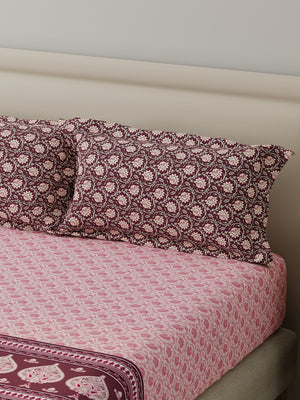 BasicX 100% Cotton 120 TC Pink Floral King Bedsheet with 2 Pillow Covers