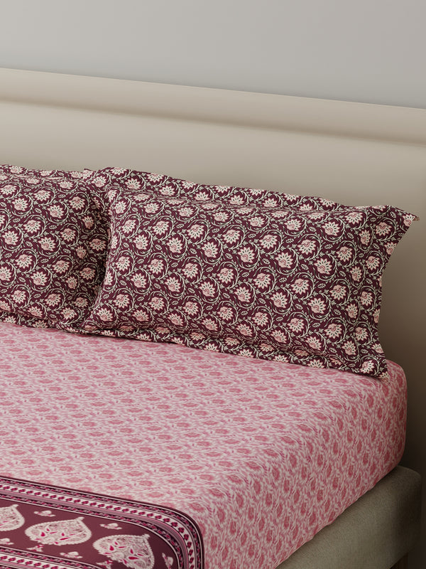 BasicX 100% Cotton 120 TC Pink Floral King Bedsheet with 2 Pillow Covers
