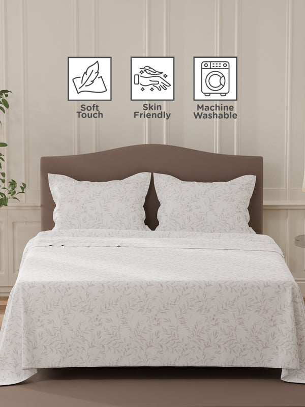 Lumina Floret 100% Cotton 144 TC White & Brown Floral Double Bedsheet with 2 Pillow Covers