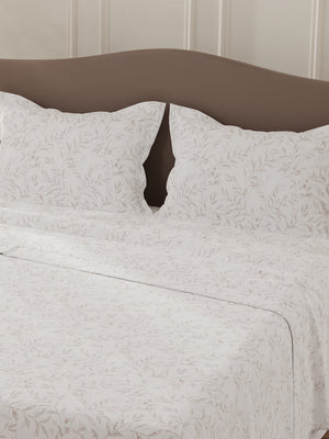 Lumina Floret 100% Cotton 144 TC White & Brown Floral Double Bedsheet with 2 Pillow Covers