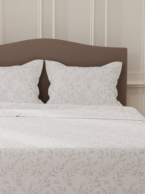 Lumina Floret 100% Cotton 144 TC White & Brown Floral Double Bedsheet with 2 Pillow Covers