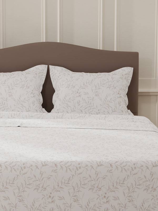 Lumina Floret 100% Cotton 144 TC White & Brown Floral Double Bedsheet with 2 Pillow Covers