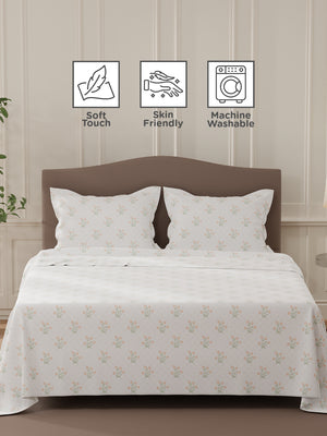 Lumina Floret 100% Cotton 144 TC White & Red Floral Double Bedsheet with 2 Pillow Covers