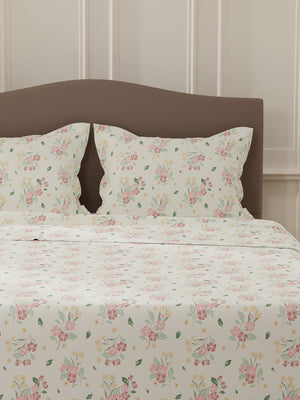 Lumina Floret 100% Cotton 144 TC Pink & White Floral Double Bedsheet with 2 Pillow Covers